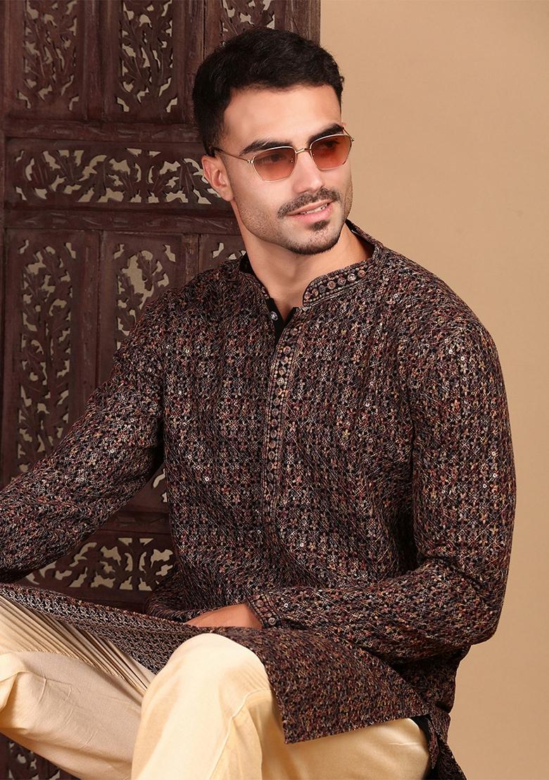 Deep Beige Embroidered Cotton Kurta For Men