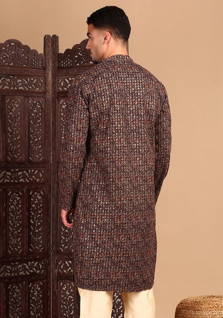 Deep Beige Embroidered Cotton Kurta For Men
