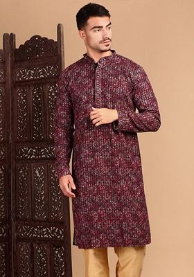 Rust Brown Embroidered Cotton Kurta For Men
