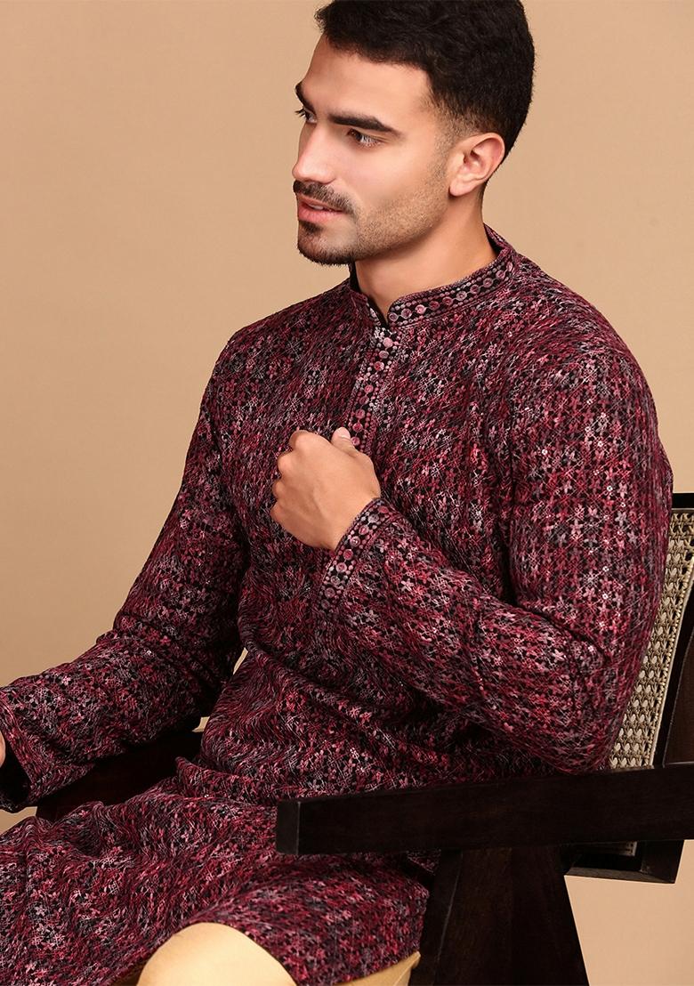Rust Brown Embroidered Cotton Kurta For Men