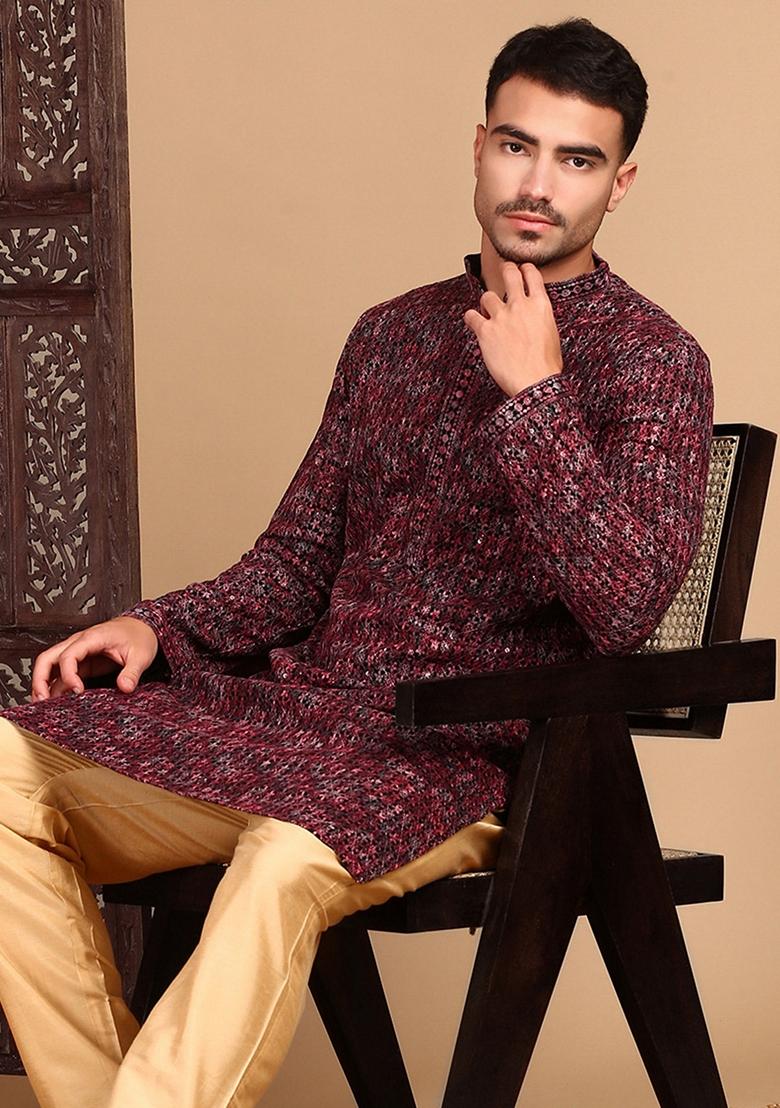 Rust Brown Embroidered Cotton Kurta For Men