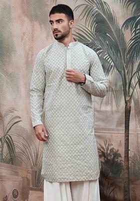 Pista Green Embroidered Cotton Kurta For Men