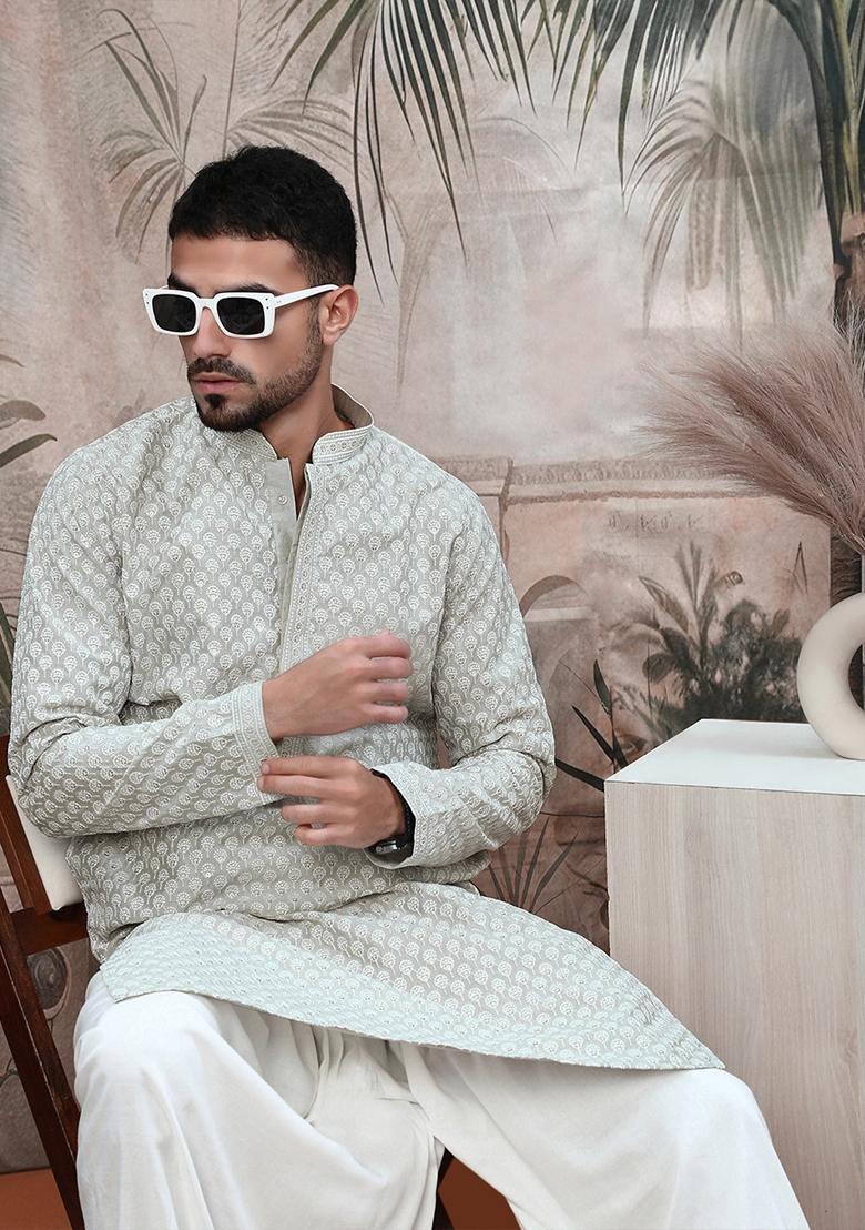Pista Green Embroidered Cotton Kurta For Men