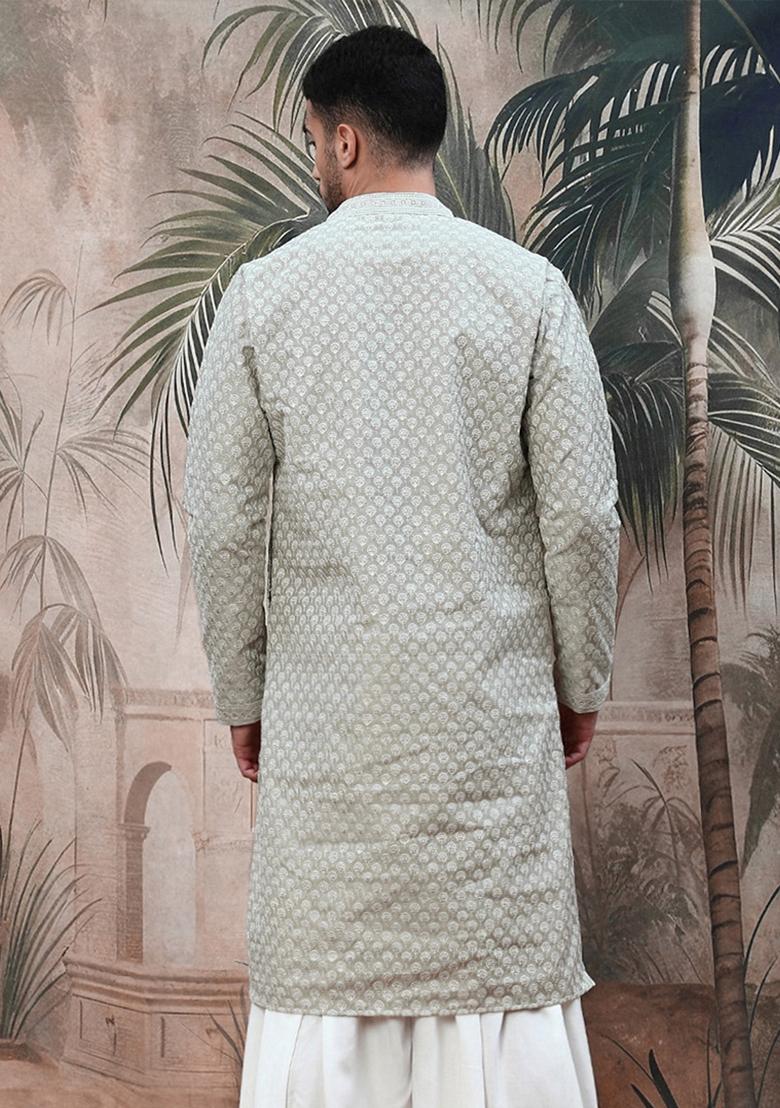 Pista Green Embroidered Cotton Kurta For Men