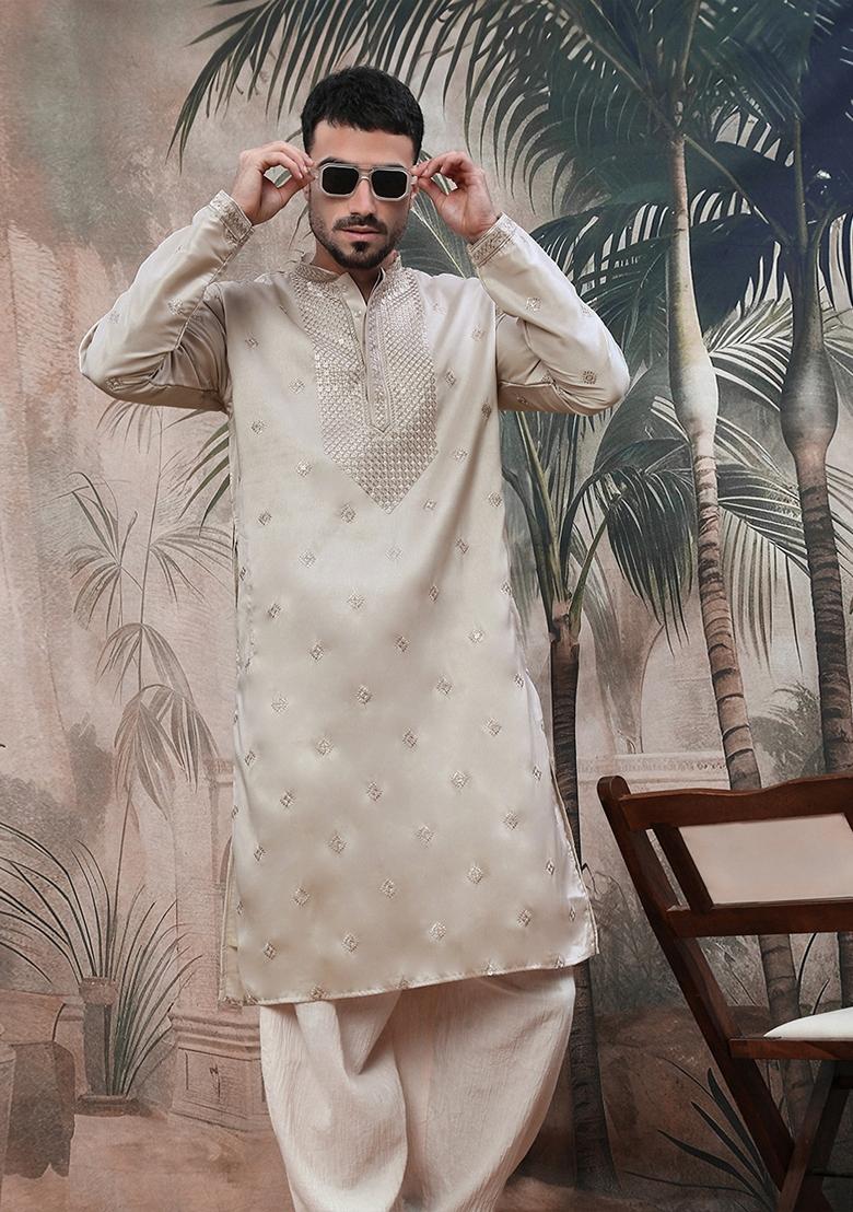 Grey Embroidered Polyester Kurta For Men