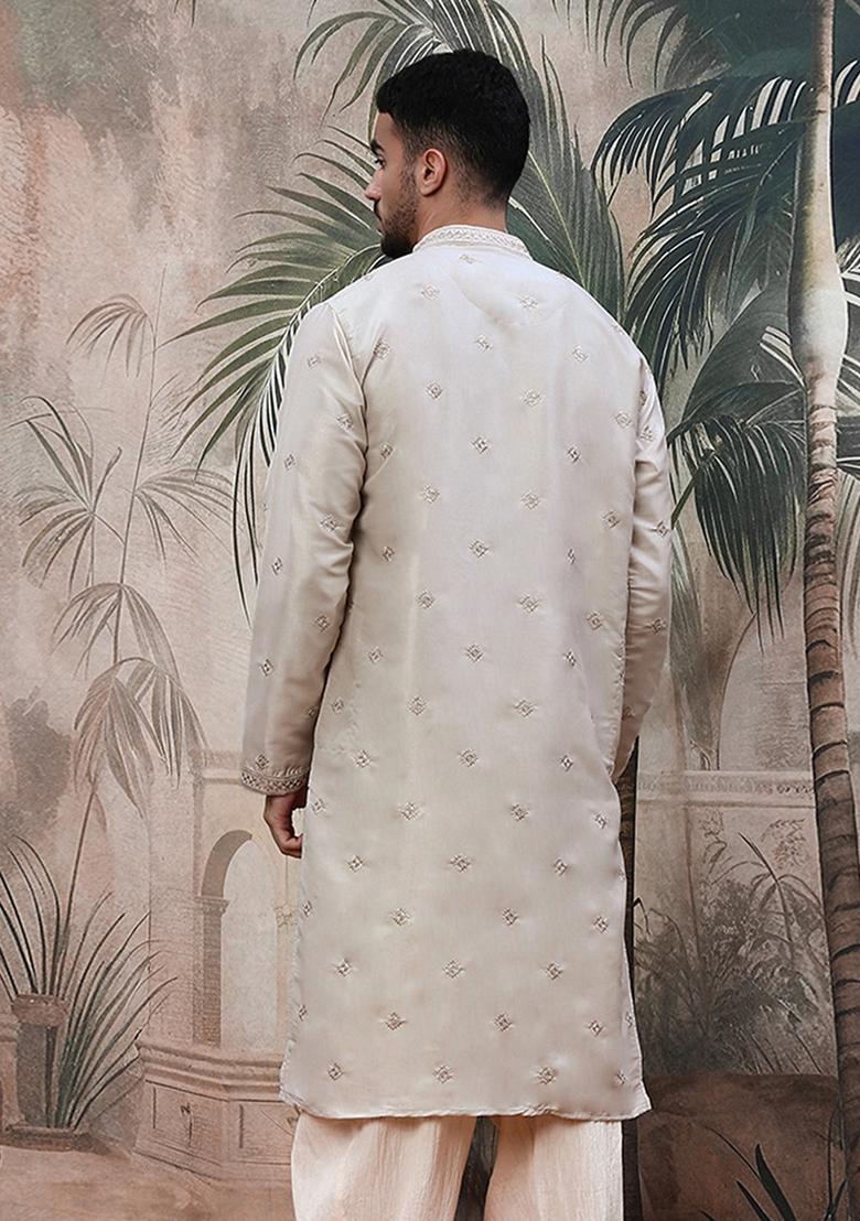 Grey Embroidered Polyester Kurta For Men