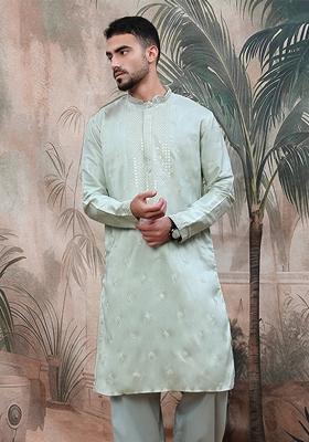 Steel Green Embroidered Polyester Kurta For Men