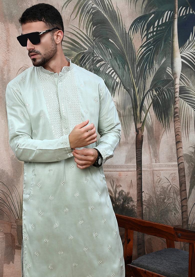 Steel Green Embroidered Polyester Kurta For Men