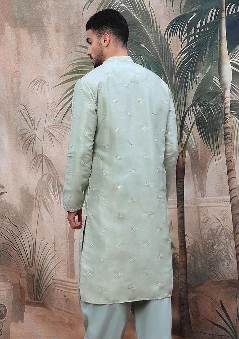 Steel Green Embroidered Polyester Kurta For Men