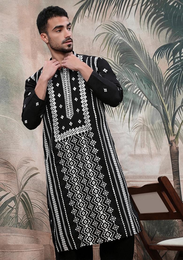 Black Embroidered Polyester Kurta For Men