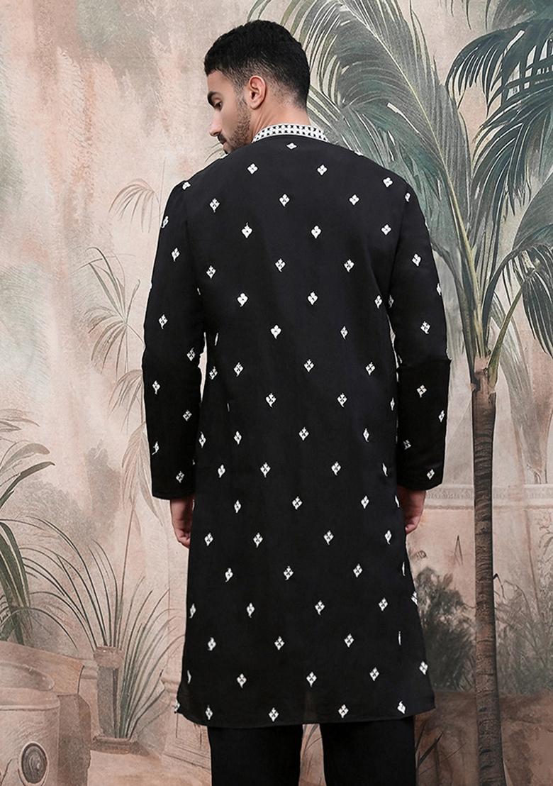 Black Embroidered Polyester Kurta For Men