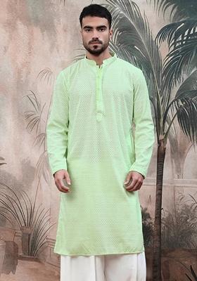 Light Green Chikankari Cotton Kurta For Men