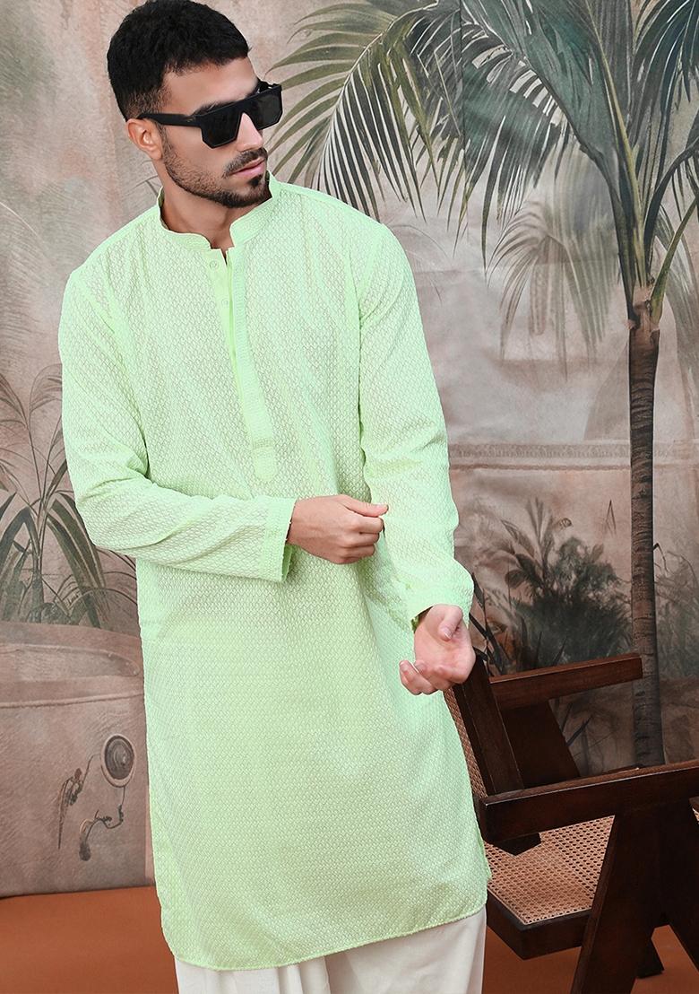 Light Green Chikankari Cotton Kurta For Men