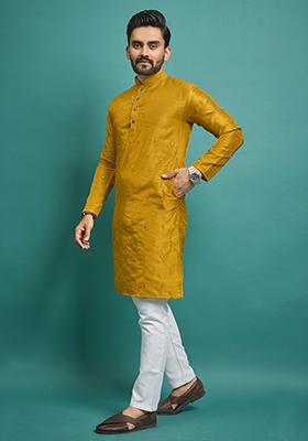 Yellow Embroidered Silk Kurta Set For Men