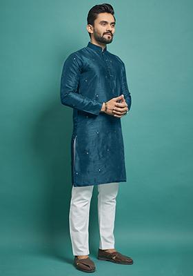 Blue Embroidered Silk Kurta Set For Men
