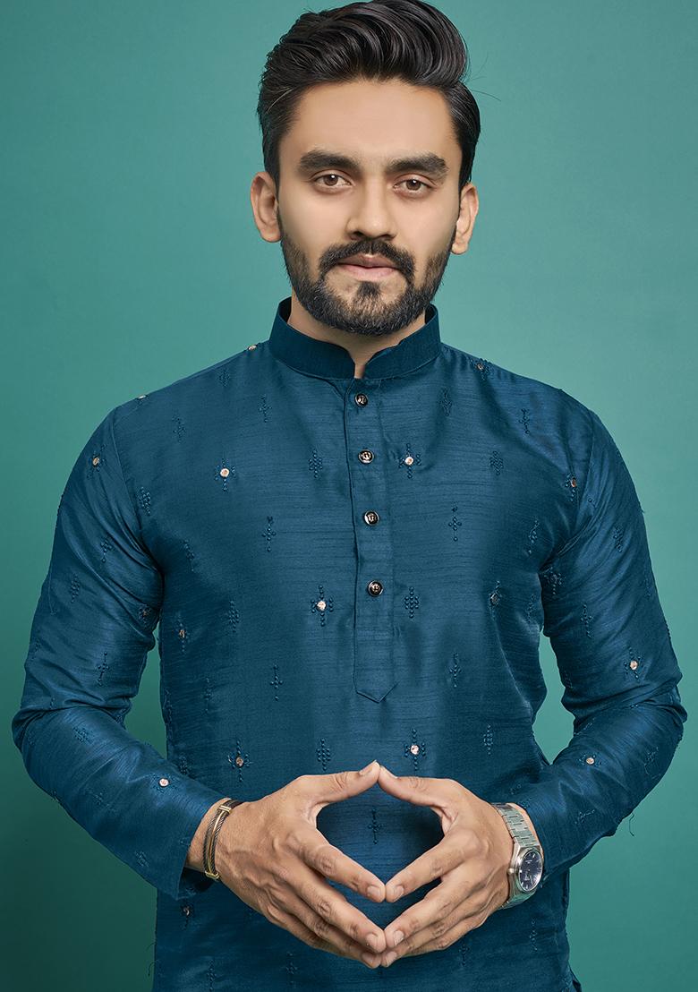 Blue Embroidered Silk Kurta Set For Men