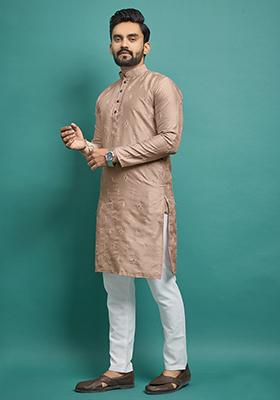 Beige Embroidered Silk Kurta Set For Men