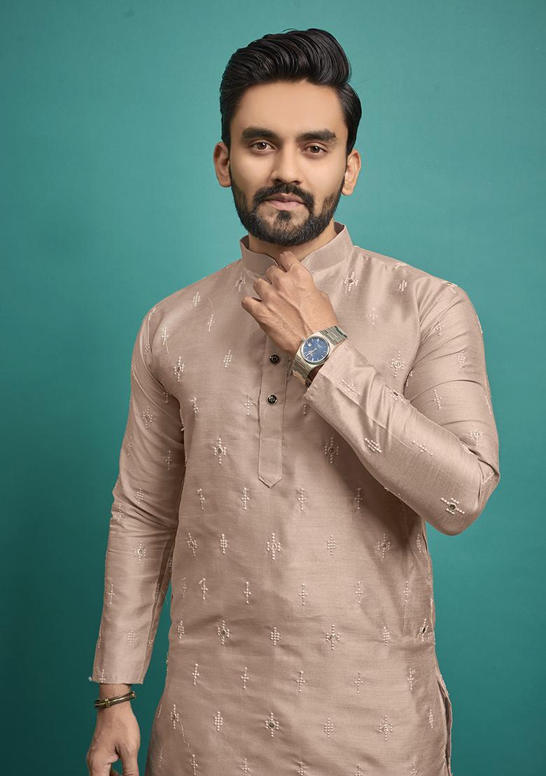 Beige Embroidered Silk Kurta Set For Men