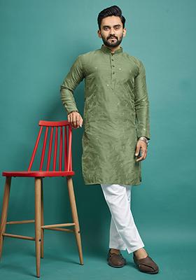 Green Embroidered Silk Kurta Set For Men