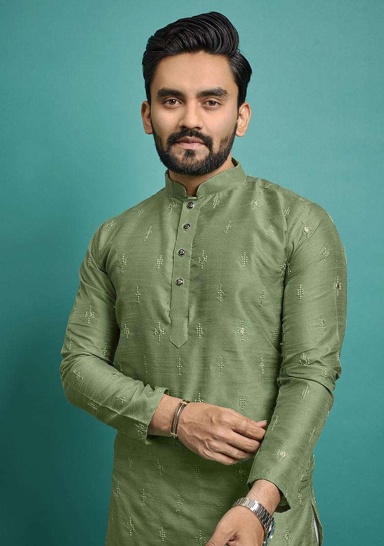 Green Embroidered Silk Kurta Set For Men