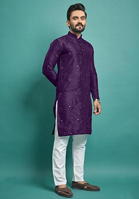 Purple Embroidered Silk Kurta Set For Men