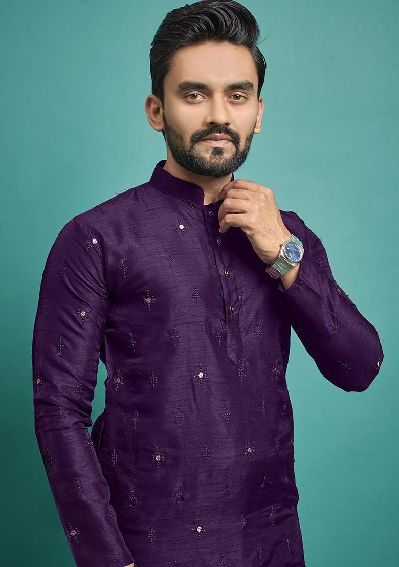 Purple Embroidered Silk Kurta Set For Men