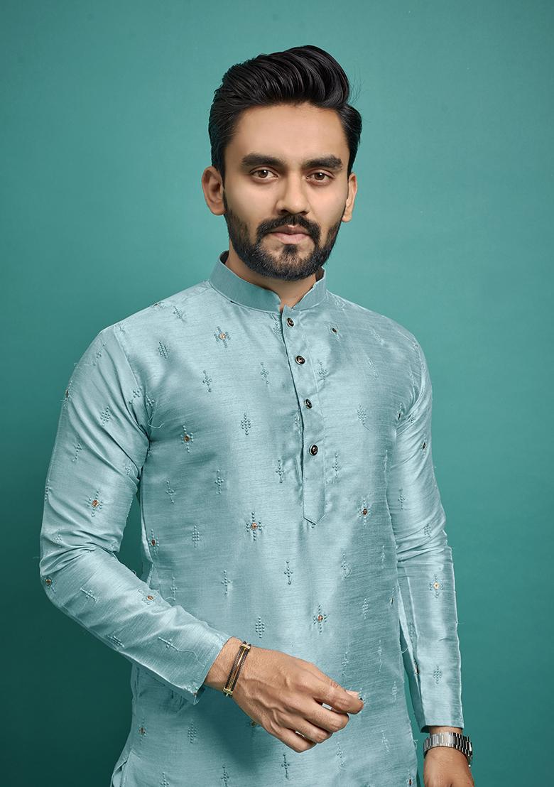 Sky Blue Embroidered Silk Kurta Set For Men