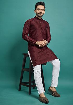 Red Embroidered Silk Kurta Set For Men