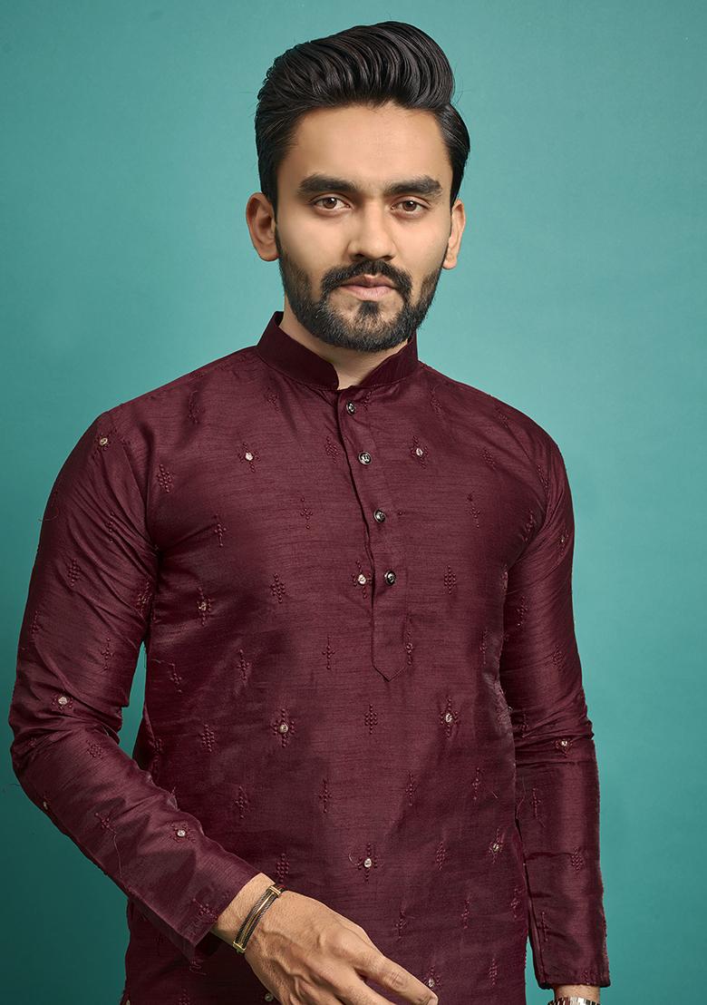 Red Embroidered Silk Kurta Set For Men