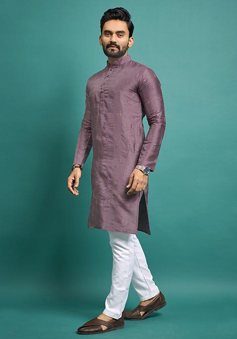 A-Line Violet Embroidered Silk Blend Kurta Pant Set With Pink Dupatta – Festive Ethnic Wear for Women main image 0