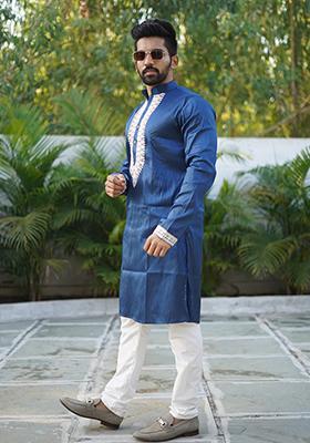 Blue Embroidered Silk Kurta Set For Men