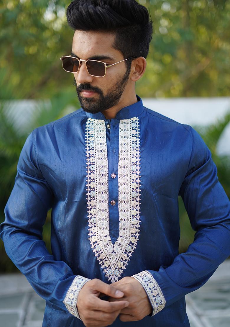 Blue Embroidered Silk Kurta Set For Men