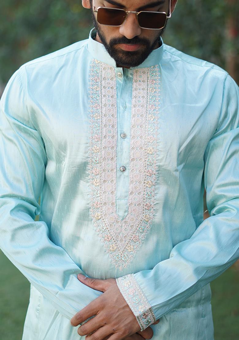 Sky Blue Embroidered Silk Kurta Set For Men