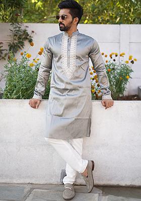 Grey Embroidered Silk Kurta Set For Men