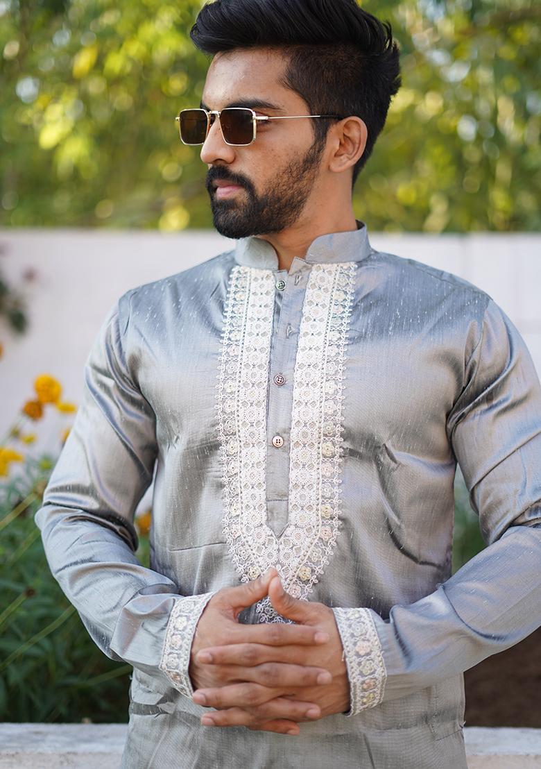 Grey Embroidered Silk Kurta Set For Men