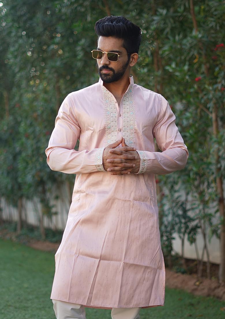 Light Pink Embroidered Silk Kurta Set For Men