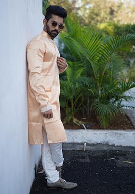 Orange Embroidered Silk Kurta Set For Men