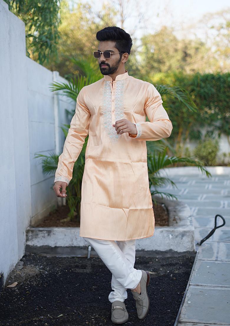 Orange Embroidered Silk Kurta Set For Men