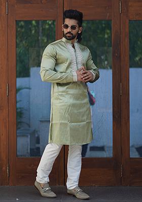 Sea Green Embroidered Silk Kurta Set For Men