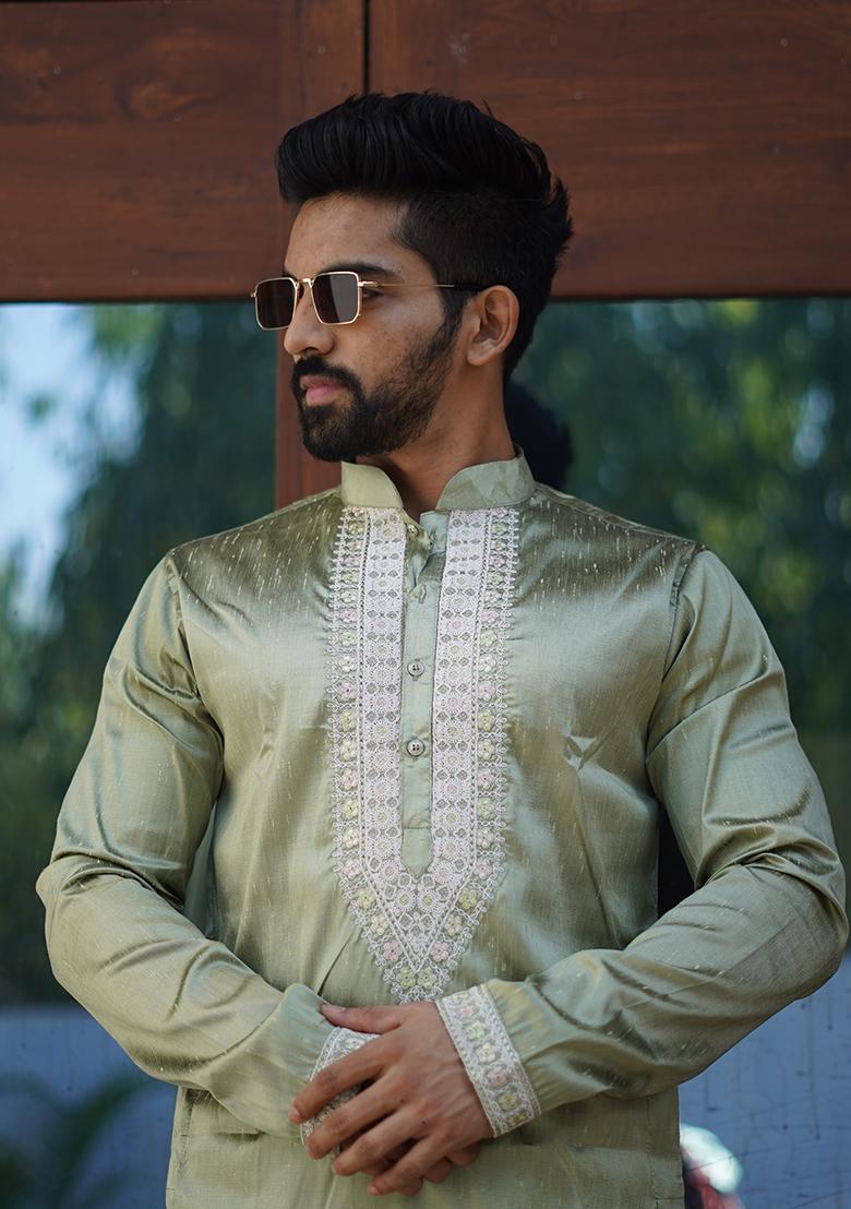 Sea Green Embroidered Silk Kurta Set For Men