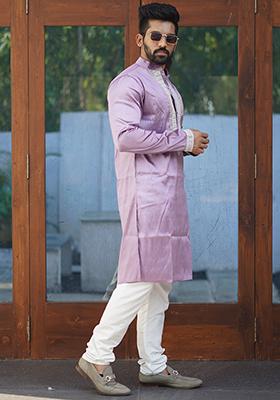 Lavender Embroidered Silk Kurta Set For Men