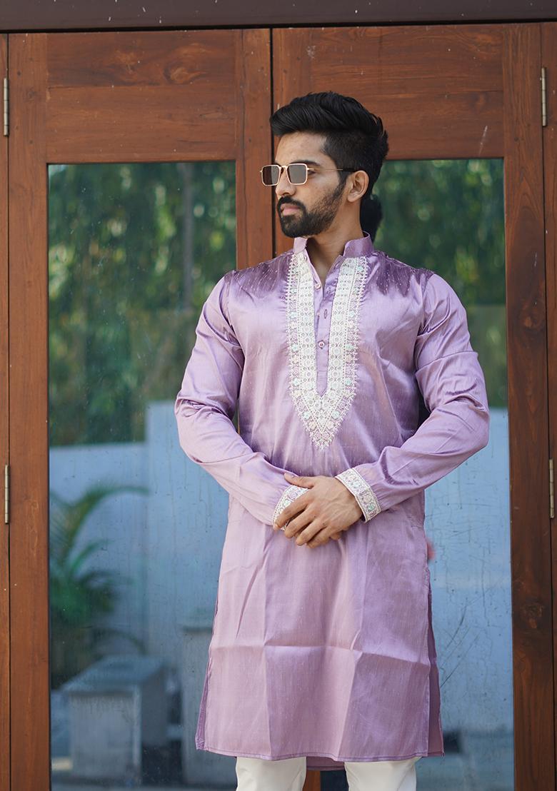 Lavender Embroidered Silk Kurta Set For Men