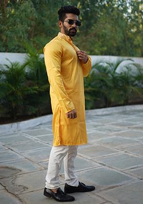 Yellow Mirror Work Silk Kurta Set For Men