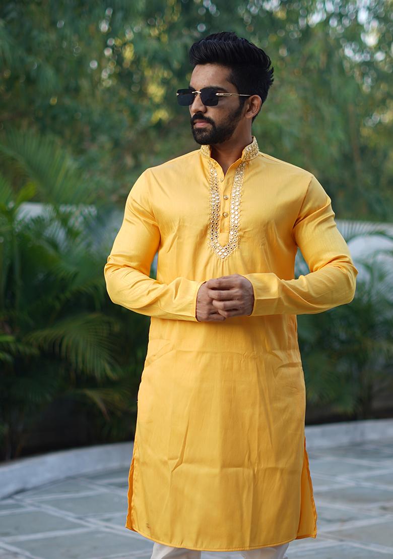 Yellow Mirror Work Silk Kurta Set For Men