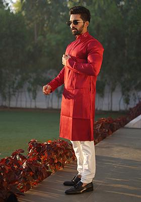 Red Mirror Work Silk Kurta Set For Men