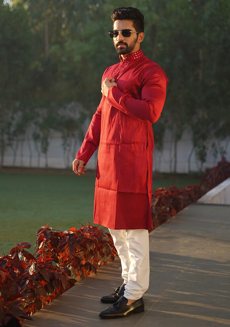 Red Mirror Work Silk Kurta Set For Men