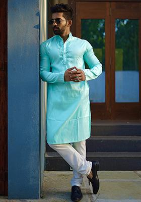 Light Blue Mirror Work Silk Kurta Set For Men