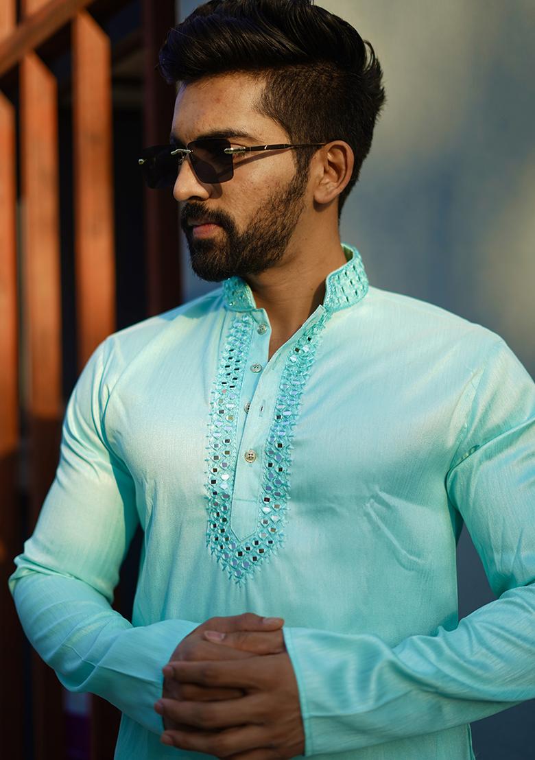 Light Blue Mirror Work Silk Kurta Set For Men