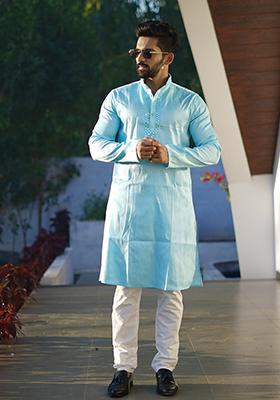Sky Blue Mirror Work Silk Kurta Set For Men