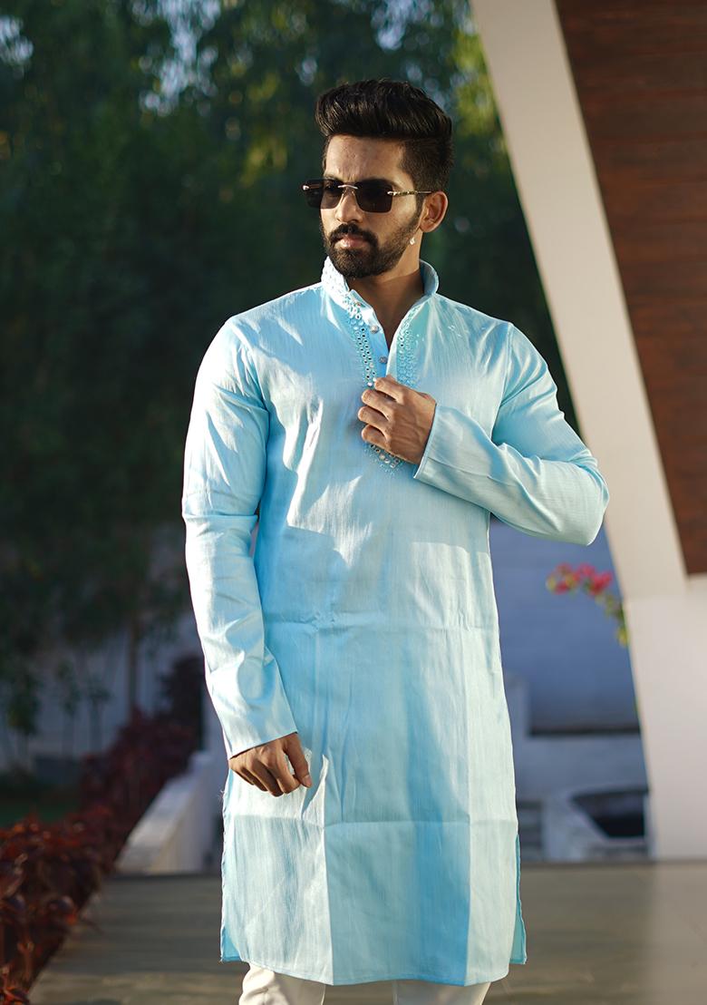 Sky Blue Mirror Work Silk Kurta Set For Men